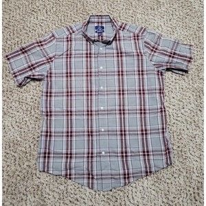 George Classic Fit Gray Brown Stripe Button Down Short Sleeve Shirt Mens L